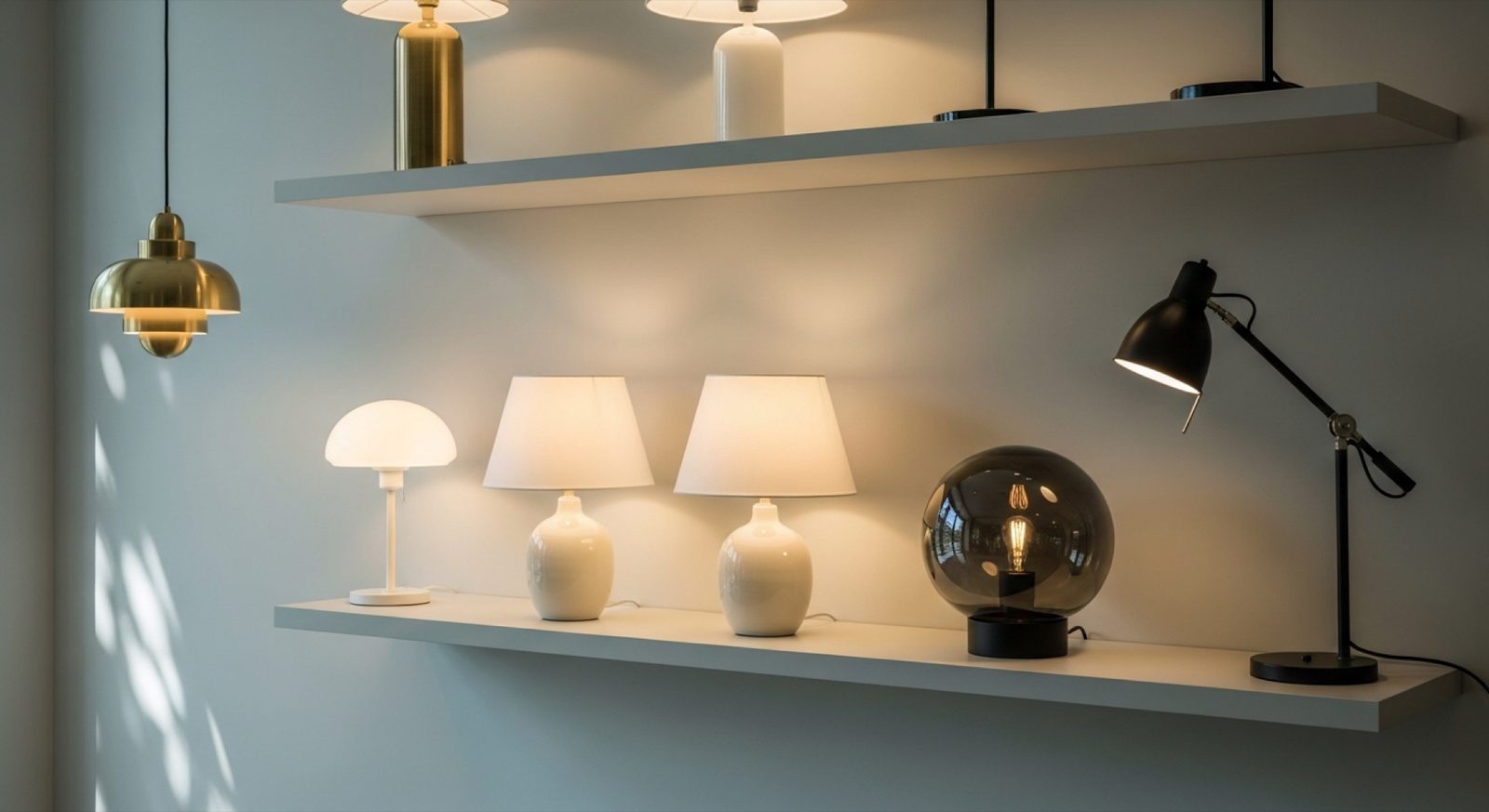 Mur de lampes design allumées — catalogue LumiNice